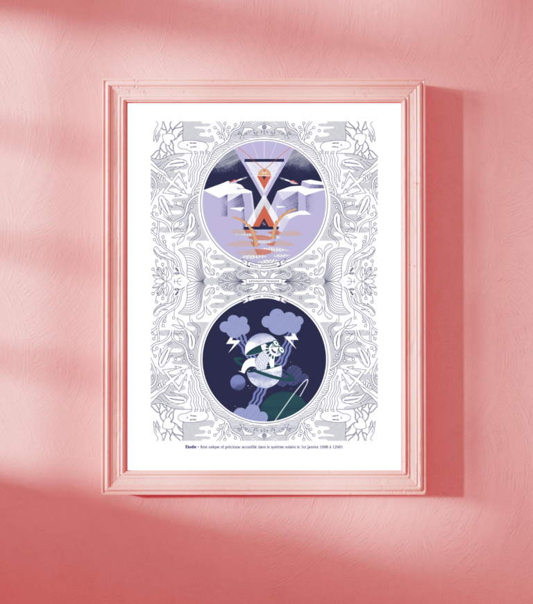 Poster astrologique illustré encadré sur un mur rose