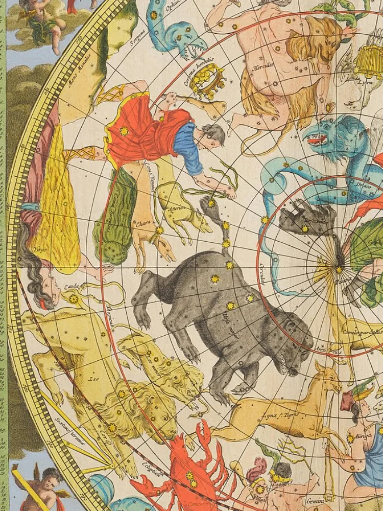 Détail d’une carte céleste en couleurs de 1742 : la Grande Ourse, le Lion et le Cancer