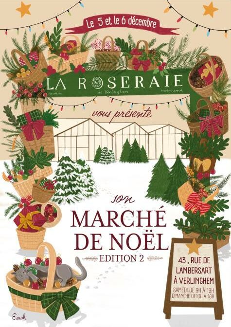 Affiche du Marché de Noël de La Roseraie de Verlinghem, édition 2, les 5 et 6 décembre